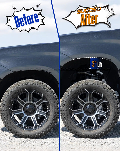 Comparison image showing the 3 Inch Front Leveling Lift Kit For 2004 Through 2026 Ford F150 Strut Mount Spacer lift effect.