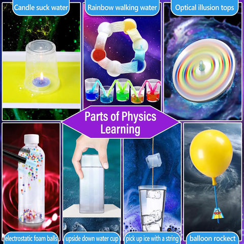Collage showing experiments from 230 Experiments Science Kit For Kids STEM Toys With Magic Chemistry Set Crystal Growing Physics Slime And More Hands On Learning Educational Gift Idea For Boys And Girls, including candle suck water and rainbow walking water.