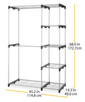 Double Rod Freestanding Closet Organizer With Five Shelves In Silver Steel Rack For Clothes and Accessories, 68x45.2x19.3 inches