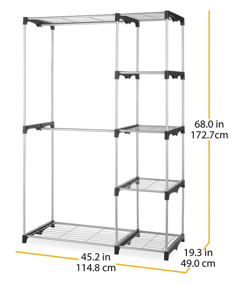Double Rod Freestanding Closet Organizer With Five Shelves In Silver Steel Rack For Clothes and Accessories, 68x45.2x19.3 inches
