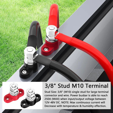Heavy Duty Built Tough 12V Power Distribution Block With Three Eighth Inch M10 Stud Insulated Battery Post Junction For Auto Boat Marine Solar System DC 12V 48V Up To 250A Peak Positive And Negative Terminal Block Red And Black, 3/8" M10 studs