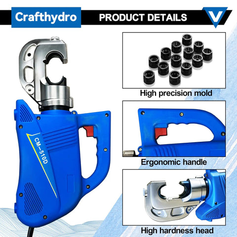 Heavy Hitter 15 Ton Electric Hydraulic Cable Lug Crimping Tool with ergonomic handle and precision molds for efficient wire crimping.