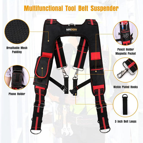 Premium Padded Tool Belt Suspenders With Magnetic Clips shown with breathable mesh and multiple pockets.