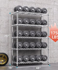 Heavy Duty Badass 5 Tier Chrome Wire Shelving Rack supporting 1750 lbs with dumbbells, 73in height, 48in width.