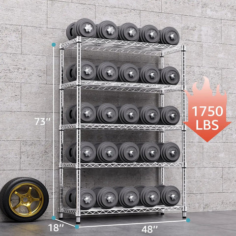 Heavy Duty Badass 5 Tier Chrome Wire Shelving Rack supporting 1750 lbs with dumbbells, 73in height, 48in width.
