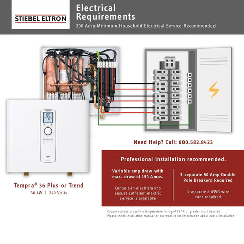 Technical diagram showing electrical requirements for Top Shelf Electric Tankless Water Heater 36Kw 240V installation.