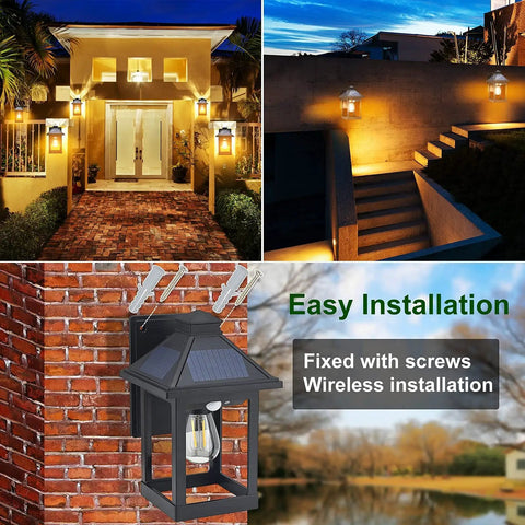 Installed Two Pack Solar Wall Lanterns Outdoor With Three Modes Dusk To Dawn Motion Sensor LED Sconce Lights at night.