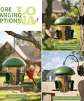 Outdoor Bird Feeder With Three Compartments And Three Feeding Ports, Weatherproof Dome, Three Ways To Hang, Large Capacity For Cardinals And Finches, Easy Fill And Clean, Backyard Friendly Green, shown hanging in three different ways.