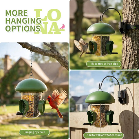 Outdoor Bird Feeder With Three Compartments And Three Feeding Ports, Weatherproof Dome, Three Ways To Hang, Large Capacity For Cardinals And Finches, Easy Fill And Clean, Backyard Friendly Green, shown hanging in three different ways.