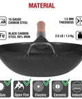 Flat Bottom Carbon Steel Wok Pan 11.8 Inch Pre Seasoned For Stir Fry And Outdoor Cooking Open Fire BBQ Grilling Camping Induction Electric And Gas Compatible Traditional Asian Cookware showing material details and handle from front view.