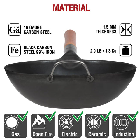 Flat Bottom Carbon Steel Wok Pan 11.8 Inch Pre Seasoned For Stir Fry And Outdoor Cooking Open Fire BBQ Grilling Camping Induction Electric And Gas Compatible Traditional Asian Cookware showing material details and handle from front view.