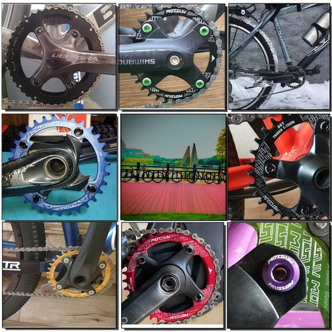 Collage of various Pro-Grade 104BCD Oval Chainrings 30T-52T CNC Machined 7075-T6 Aluminum for Shimano SRAM compatibility
