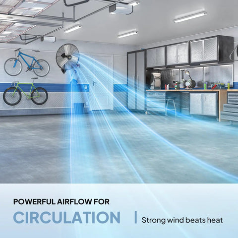 24 Inch Industrial Wall Mounted Fan With Dual Ball Bearing Motor And Aluminum Blade shown in a garage workshop with airflow visualization