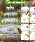 Close-up of 6.5W Solar Bird Bath Fountain With Lights, showing 3-tier water feature with detachable solar pump, easy setup guide visible.