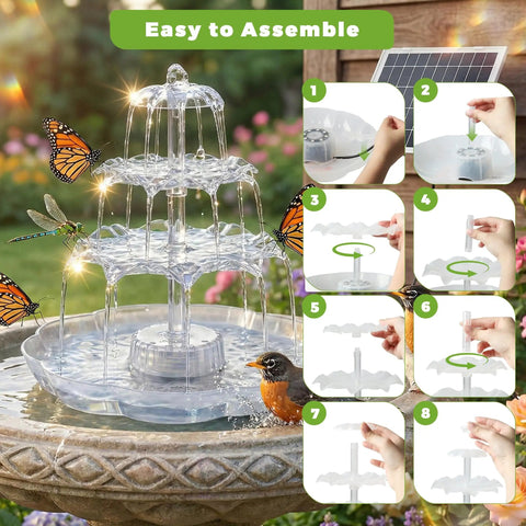Close-up of 6.5W Solar Bird Bath Fountain With Lights, showing 3-tier water feature with detachable solar pump, easy setup guide visible.