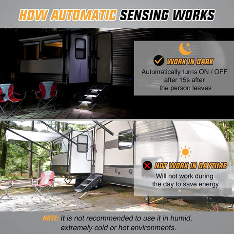 RV Step Lights 3 Pack Motion Sensor Activated LED Bar Exterior Lighting Battery Operated for night and day use demonstration