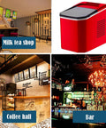 Keep It Cool Countertop Ice Maker With Self Cleaning Design And Whisper Quiet Operation For Fast Cube Production At Home Bars Or Weekend Hangouts In Smooth Black Or Crisp White, shown in a red color in various bar settings.