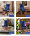Rocking Chair Cushions Set Navy Blue Tufted Waterproof Fade Resistant Indoor Outdoor Cushions With Ties Includes 17x17 Inch Seat Cushion And 21x17 Inch Back Cushion shown in bedroom, porch, patio, and garden settings.