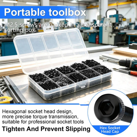 Top Shelf 1016 Piece M2.5 Hex Socket Screw Kit With Nuts And Washers in a transparent toolbox for 3D printer and electronics use.
