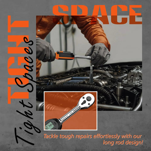 Mechanic using Three Eighths Inch Digital Torque Wrench With LED Flash And Buzzer Alerts, Two Percent Accuracy on car engine