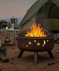 Bronze 30 Inch Outdoor Wood Burning Fire Pit With Grill Grate, Spark Screen, and Poker for Cozy Backyards and Campouts near tent