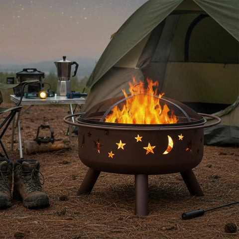 Bronze 30 Inch Outdoor Wood Burning Fire Pit With Grill Grate, Spark Screen, and Poker for Cozy Backyards and Campouts near tent
