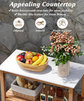 Dope Patio Wood Storage Cabinet For Outdoor Kitchen Acacia Buffet With Marble Style Countertop and Open Shelf with fruit bowl and flowers