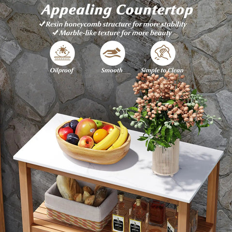 Dope Patio Wood Storage Cabinet For Outdoor Kitchen Acacia Buffet With Marble Style Countertop and Open Shelf with fruit bowl and flowers