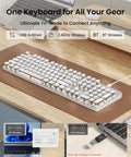 Wireless Typewriter Style Mechanical Keyboard With Clicky Blue Switches And Crisp White Backlighting To Give Your Desk A Kickin Retro Vibe And Legit Smooth Typing Sessions, displayed on a wooden desk with tri-mode connectivity options.