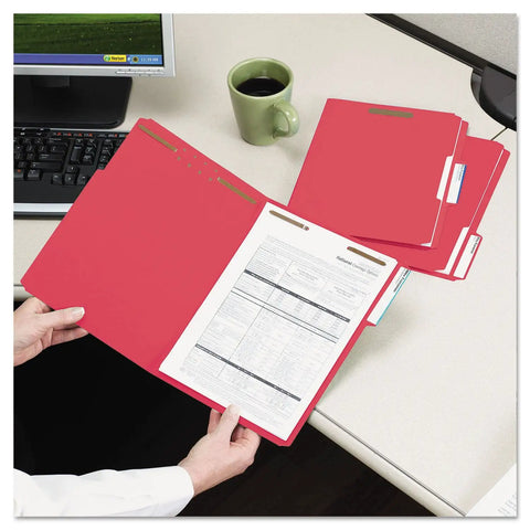Person holding Letter Size Red Fastener Folders With Heavy Duty Embedded Straps And Assorted One Third Cut Tabs For Hustle Free Filing And Crisp Office Archiving Pack Of Fifty.