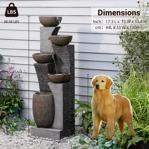 51.4 Inch Outdoor Water Fountain With Five Tier Showstopper Cascading Water Feature For Garden Patio Backyard Deck Porch And Home Art Decor With Lights And Pump Included next to a golden retriever.