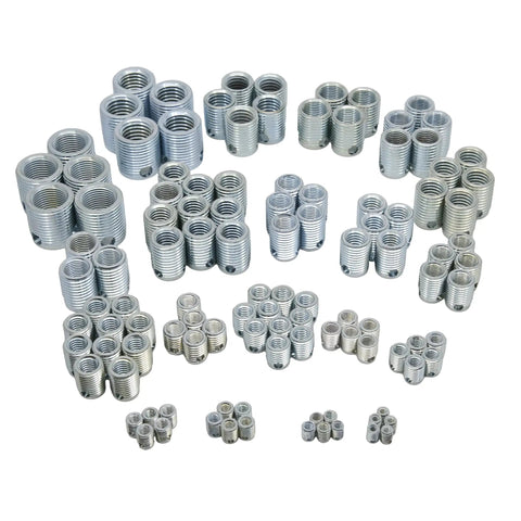 Heavy Duty Self Locking Threaded Insert Kit Standard Wall Fractional Sizing Coarse Fine Combo Threads 119 Pieces set of steel threaded inserts.