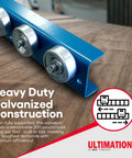 Kick Major Weight Around Your Shop With These 5 Foot Heavy Duty Conveyor Flow Rails Using Smooth Steel Skate Wheels For Frictionless Gravity Material Handling And Warehouse Setup 260 Lbs Per Ft Capacity Powder Coated Steel Build - close-up of blue rail with galvanized wheels