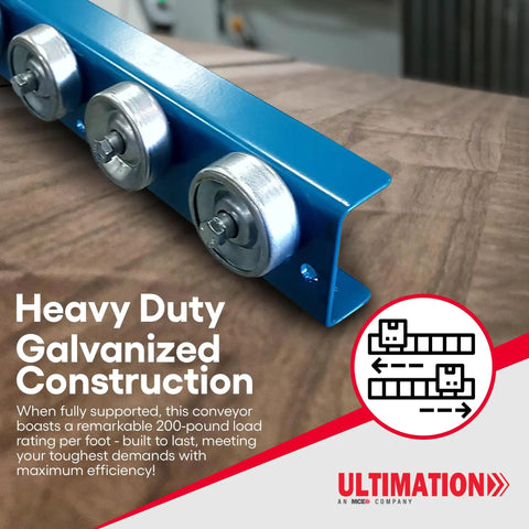 Kick Major Weight Around Your Shop With These 5 Foot Heavy Duty Conveyor Flow Rails Using Smooth Steel Skate Wheels For Frictionless Gravity Material Handling And Warehouse Setup 260 Lbs Per Ft Capacity Powder Coated Steel Build - close-up of blue rail with galvanized wheels