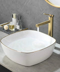Modern Square 16 By 16 White Porcelain Vessel Sink With Gold Trim For Lavatory Vanity Cabinet, Ceramic Art Basin, sleek design