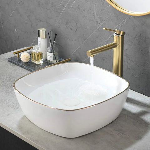 Modern Square 16 By 16 White Porcelain Vessel Sink With Gold Trim For Lavatory Vanity Cabinet, Ceramic Art Basin, sleek design