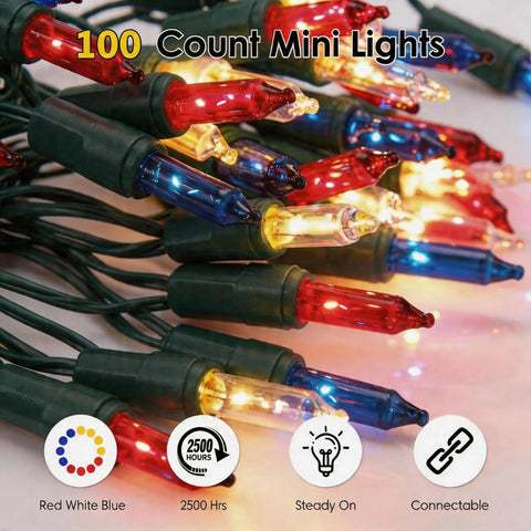 Red White Blue LED String Lights With Clear Bulbs On Green Wire UL Listed Connectable Patriotic Decor For Independence Day 4th Of July Memorial Day 100 Count 21 Feet Long Lasting
