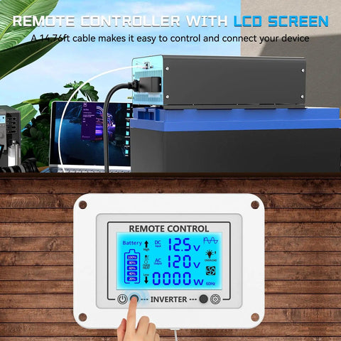 Beefy 2500W Pure Sine Wave Inverter remote LCD controller showing 12.5V battery and 120V AC readings.