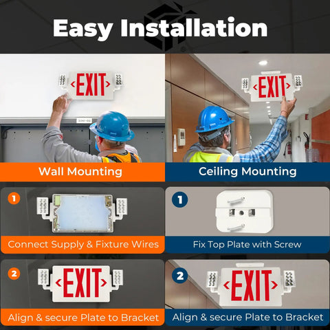 Red LED Exit Sign With Emergency Lights In White Housing UL 924 Listed 120 To 277 VAC Hardwired With Battery Backup Damp Location Rated 157 Lumen Output 3.3 Watt Low Power NiMH Battery Backup Optional Double Face And Knockout Arrows