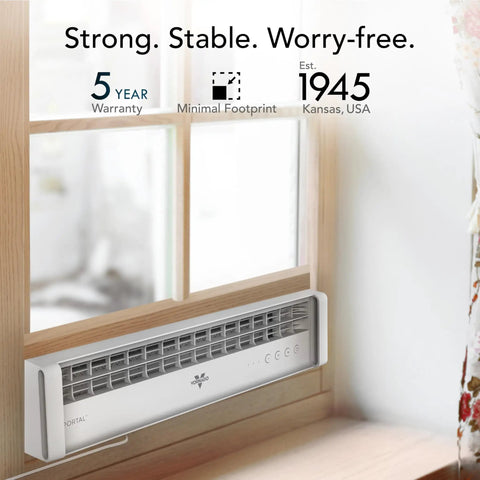 Portal Window Fan With 3 Speeds Reversible Exhaust Weather Resistant Low Profile White Window Fan installed in wooden window frame