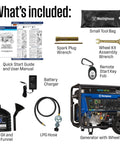 Dual Fuel Portable Generator With Remote Start Transfer Switch Ready Gas Or Propane Powered Backup Power 13500 Peak Watts 10500 Running Gas 12500 Peak 9500 Running Propane Up To Nineteen Hours On A Nine Point Five Gallon Tank With GFCI 120V Outlets, accessories included like oil funnel, battery charger, and tools.