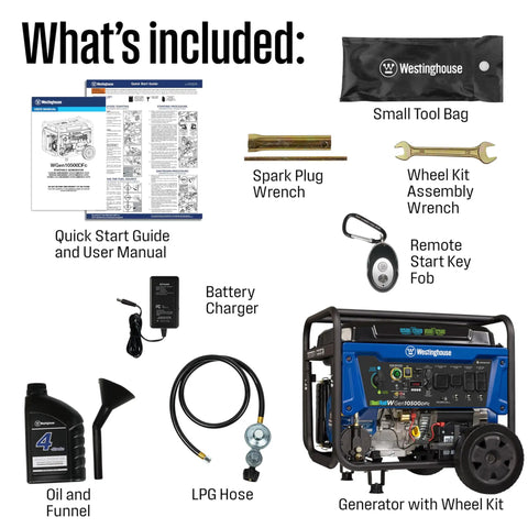 Dual Fuel Portable Generator With Remote Start Transfer Switch Ready Gas Or Propane Powered Backup Power 13500 Peak Watts 10500 Running Gas 12500 Peak 9500 Running Propane Up To Nineteen Hours On A Nine Point Five Gallon Tank With GFCI 120V Outlets, accessories included like oil funnel, battery charger, and tools.