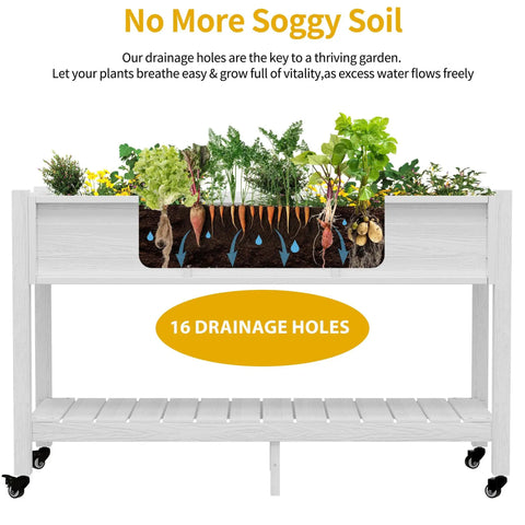 Raised Garden Bed On Wheels With Legs And Lockable Casters, Weather Resistant HDPE Elevated Planter Box, showing drainage holes and plants