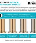 Kraus faucet finishes under different lighting: warm white, warm neutral, cool white, daylight; showcasing color variations.