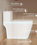 Slick Modern Elongated One Piece Toilet With Skirted Seamless Build And 17 Inch Comfort Chair Height Seat, features soft close lid and quick-release seat.