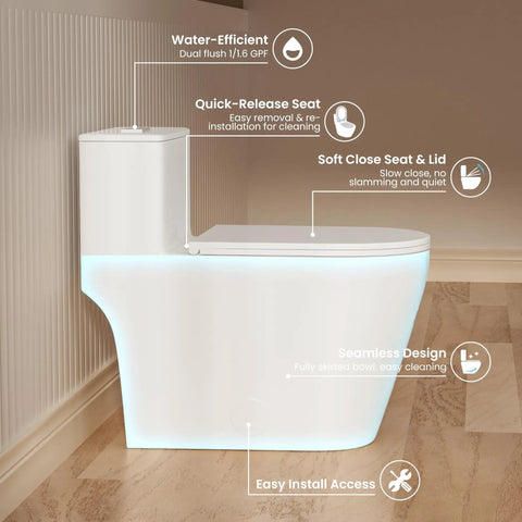 Slick Modern Elongated One Piece Toilet With Skirted Seamless Build And 17 Inch Comfort Chair Height Seat, features soft close lid and quick-release seat.