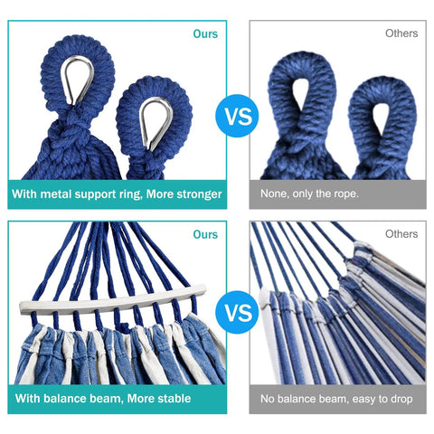 Comparison of Built Tough Portable Camping Hammock With 550Lb Capacity, Thick 320G Canvas, showing metal support rings and balance beam.
