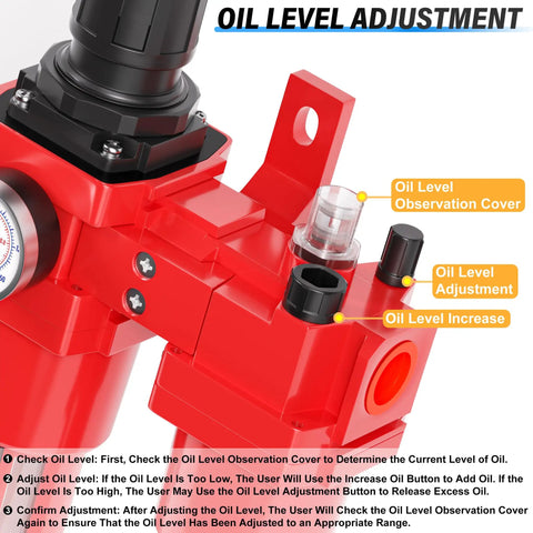 Close-up of Three Eighths Inch NPT Air Filter And Pressure Regulator With Water And Oil Trap Separator Combo showing oil level adjustment details.