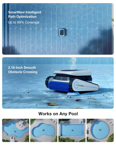 Ultramarine P1 Pool Cleaner Robot With 4800GPH UltraPure Suction Dual Layer Filtration navigating pool floor and walls