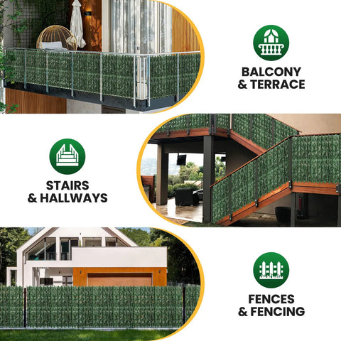 120x40 Inch Artificial Ivy Privacy Fence Screen With Faux Greenery Panels installed on balcony, stairs, and garden fences.